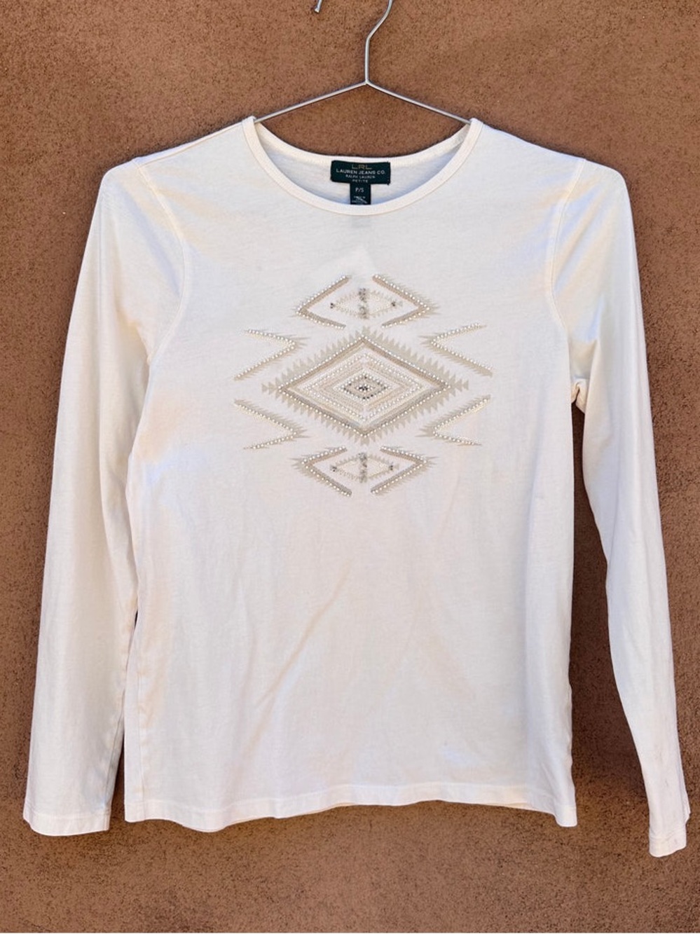 Lauren Jeans Co ivory cotton, long sleeve tee beaded Southwest design NWOT Med